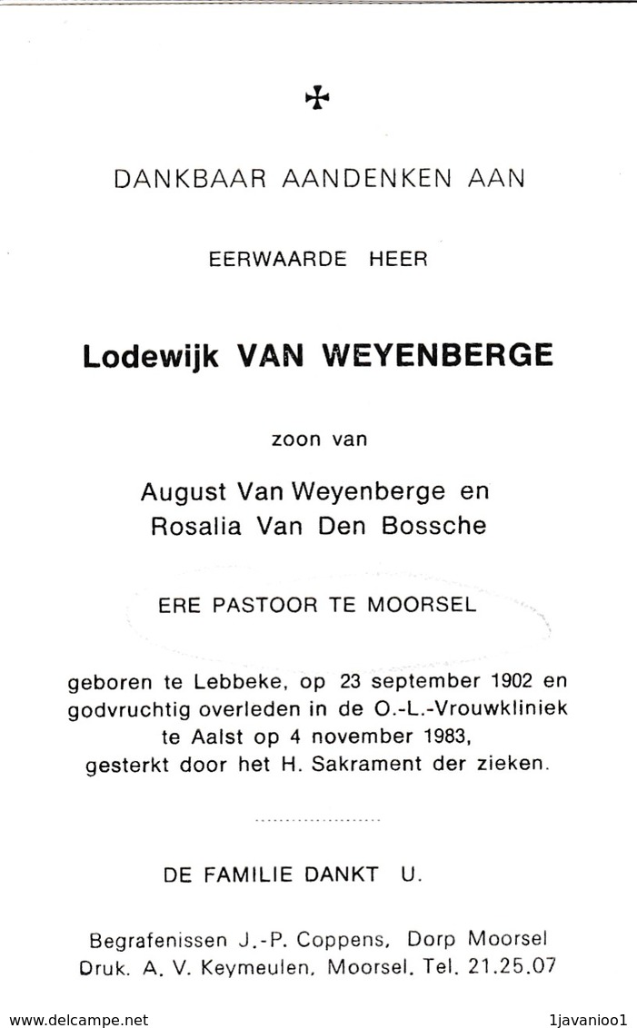 Priester, Abbe,Lodewijk Van Weyenberge, Van Den Bossche, Moorsel, Lebbeke,Aalst,1983 - Religione & Esoterismo