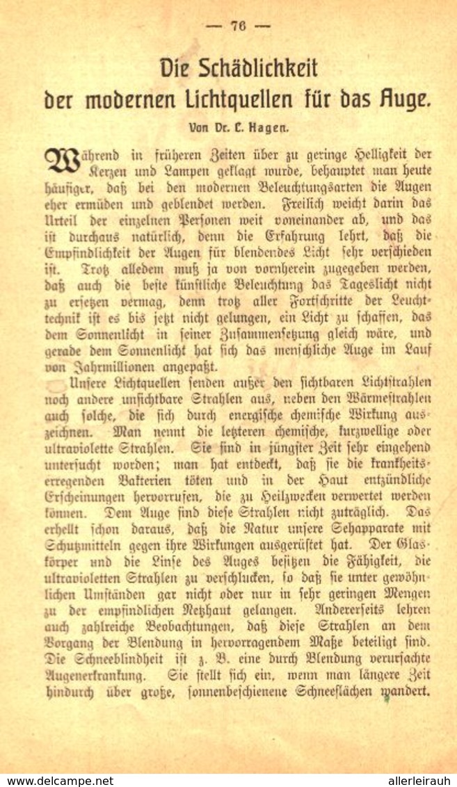 Die Schädlichkeit Der Modernen Lichtquellen Fuer Das Auge / Artikel, Entnommen Aus Kalender / 1907 - Packages