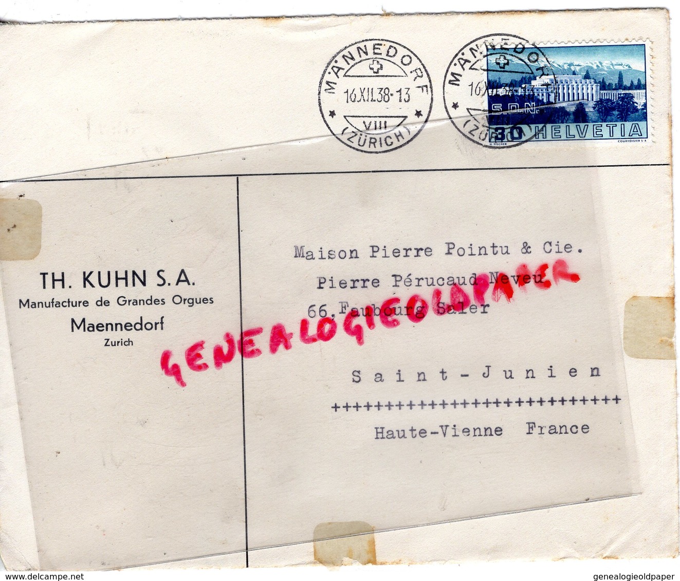 SUISSE - MAENNEDORF-ZURICH-RARE ENVELOPPE TH. KUHN S.A.-MANUFACTURE GRANDES ORGUES-PIERRE POINTU -PERUCAUD-SAINT JUNIEN- - Svizzera