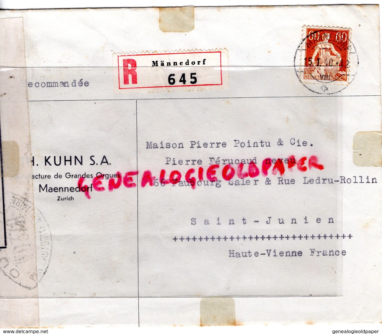 SUISSE - ZURICH- MAENNEDORF TH. KUHN- MANUFACTURE ORGUES- ENVELOPPE POINTU MEGISSERIE PEAUX-ST SAINT JUNIEN-1940 - Suisse