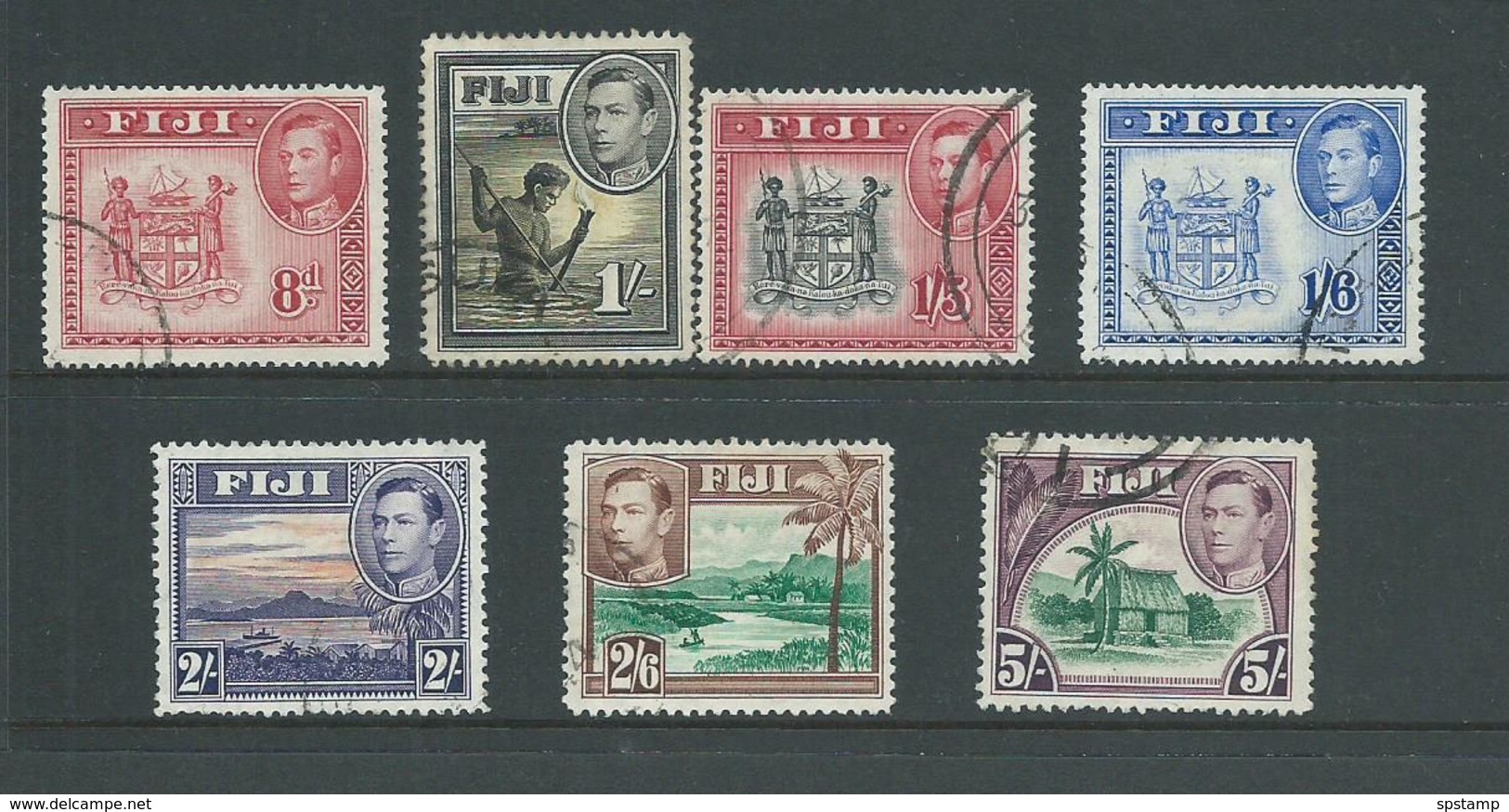 Fiji 1938 - 1955 KGVI Definitives Part Set Of 7 8d Arms -> 5/- Hut FU - Fiji (...-1970)