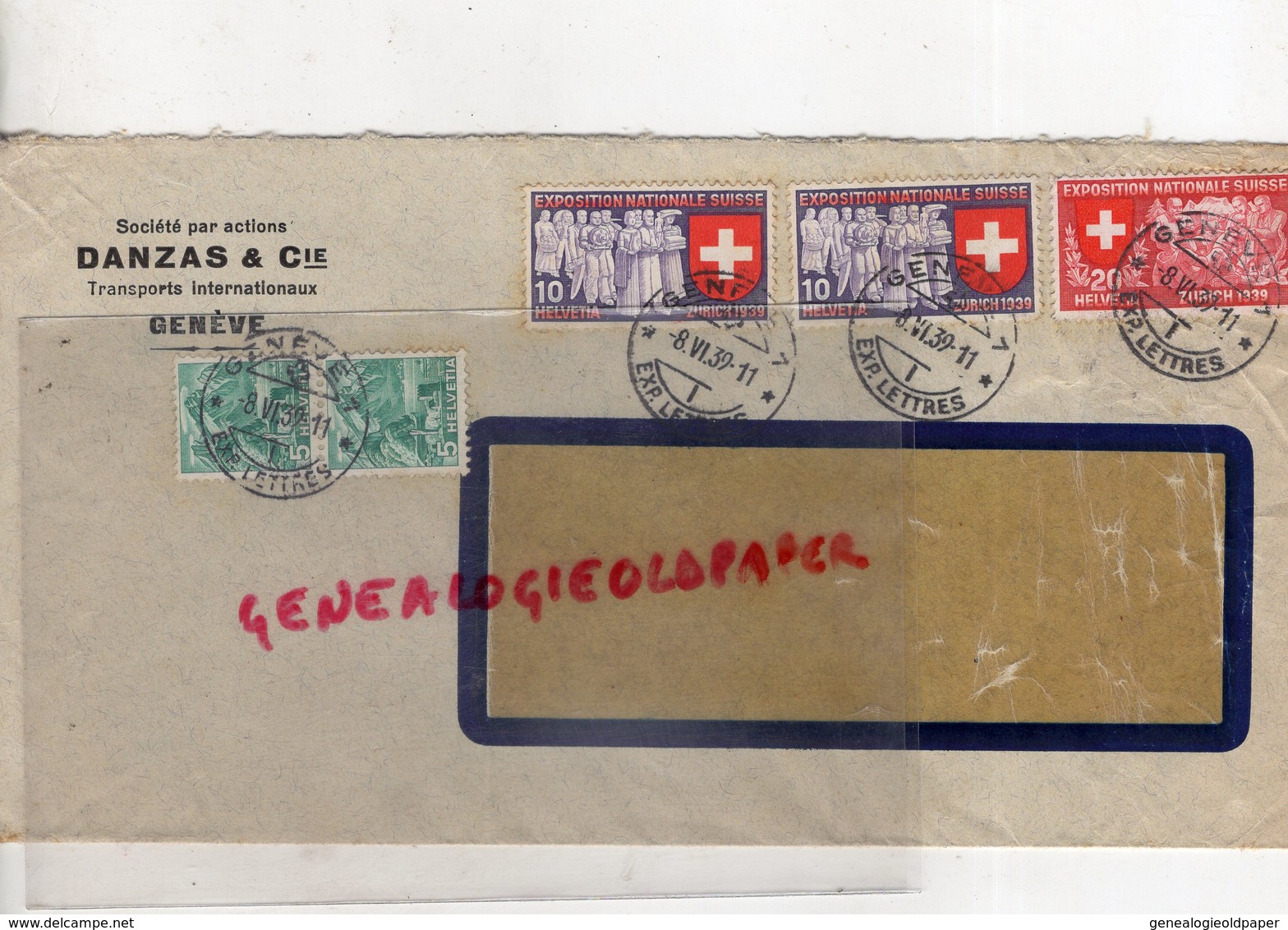 SUISSE - GENEVE- DANZAS & CIE -ENVELOPPE TRANSPORTS INTERNATIONAUX- 1939-EXPOSITION NATIONALE ZURICH - Schweiz