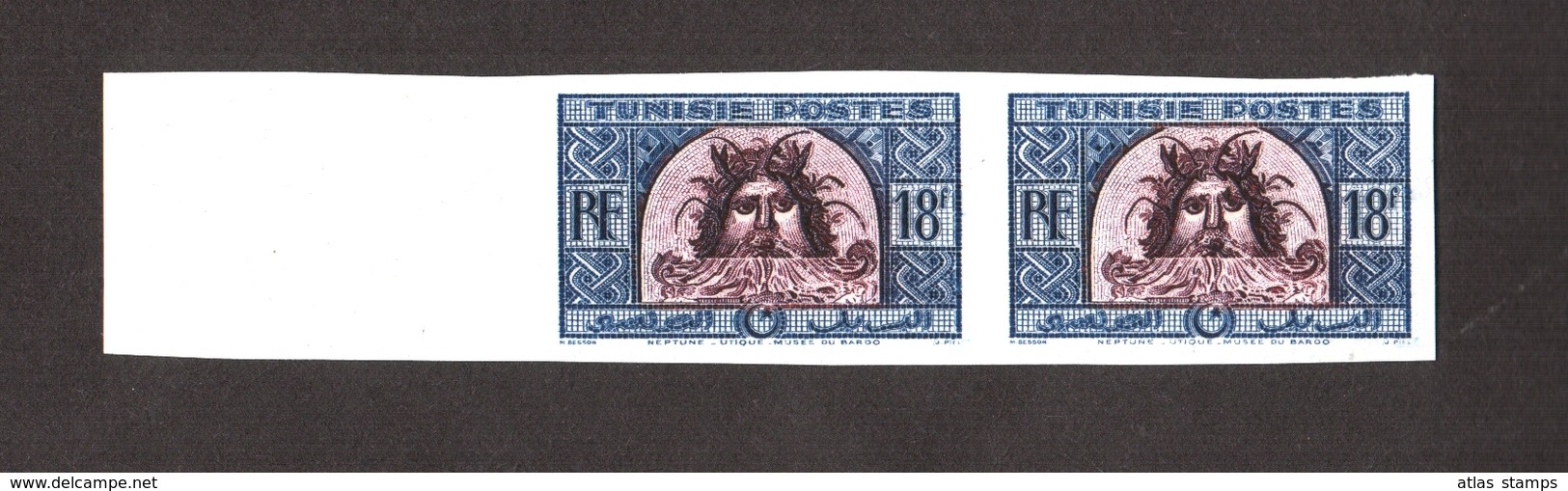 Tunisie 1947-49 Tete De NEPTUNE ( Mosaique D Utique ) , Yvert#319 - Essai  Non Dentele - Paire  Neufs ** - Neufs