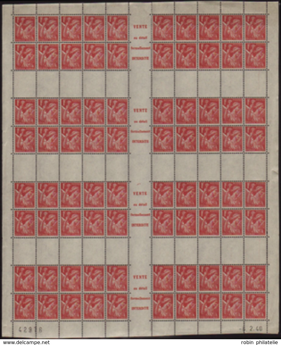 1742 N°433 C1 1f Iris Feuille De 80 Timbres (séparation Sur Bdf) Qualité:** Cote: 450  - Autres & Non Classés