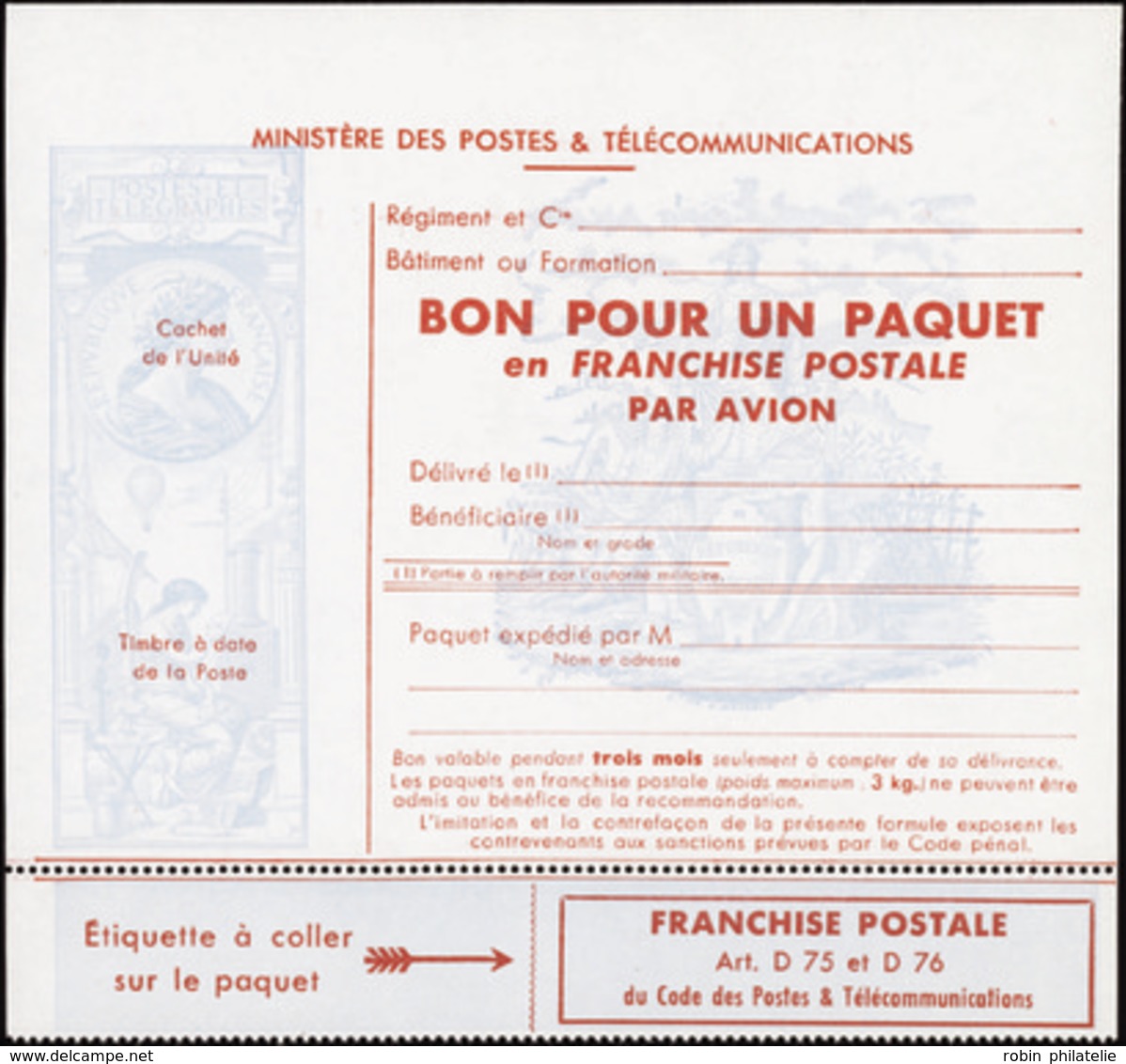 2652 N°16 Franchise Postale Rouge Sur Bleu (cote Maury) Qualité:** Cote: 1000  - Timbres De Franchise Militaire