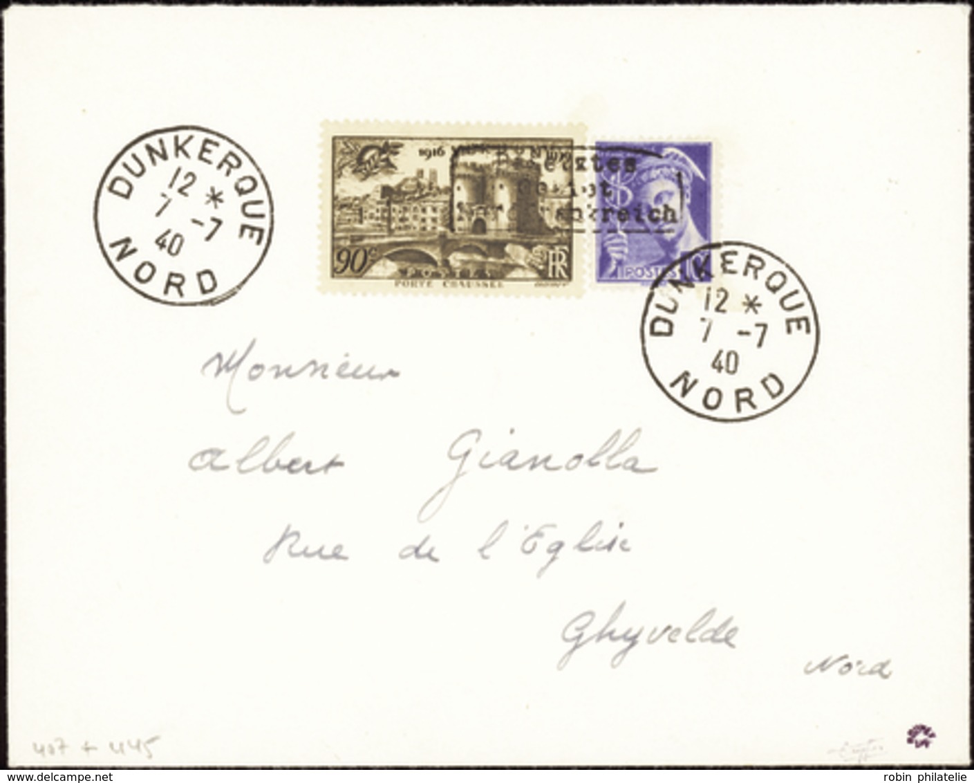 2801 N°407 + 445  10c Mercure + 90c Verdun Surch Dunkerque Lettre Qualité:OBL Cote: .....  - Guerre (timbres De)