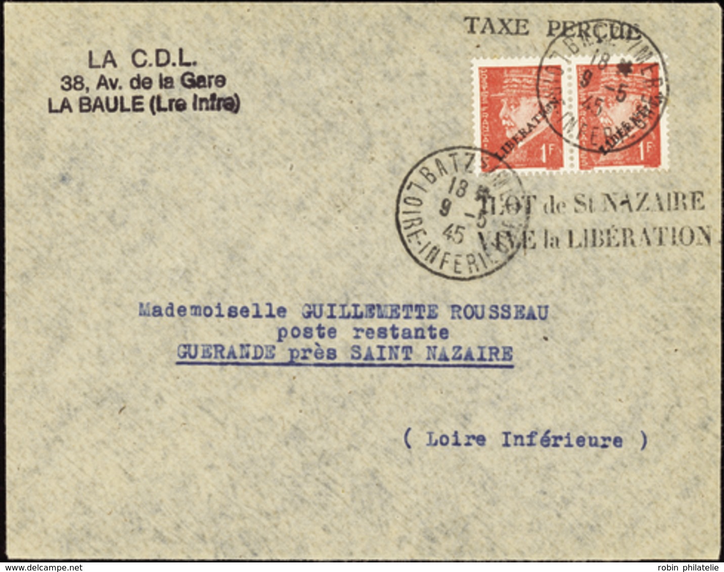 2805 N°514 1f Pétain X2 Surch Libération Sur Lettre Obl Batz 9-5-45 Qualité:OBL Cote: 250  - Francobolli Di Guerra