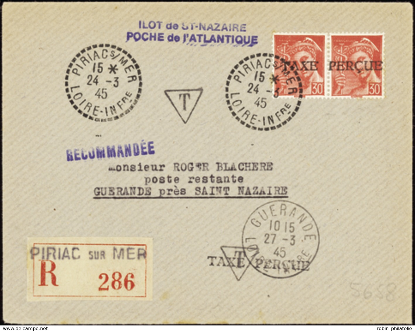 2807 N°547 30c Mercure Paire Surch Taxe/lettre Obl Piriac24-3-45 Qualité:OBL Cote: 300  - Guerre (timbres De)