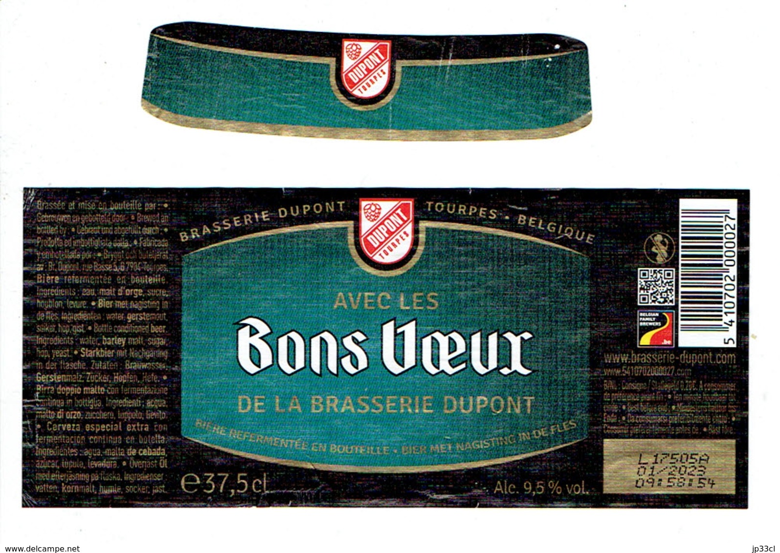 Etiquette Avec Les Bons Voeux De La Brasserie Dupont, Tourpes, Belgique (37,5 Cl, Alc 9,5% Vol) Avec Col (2018) - Bière