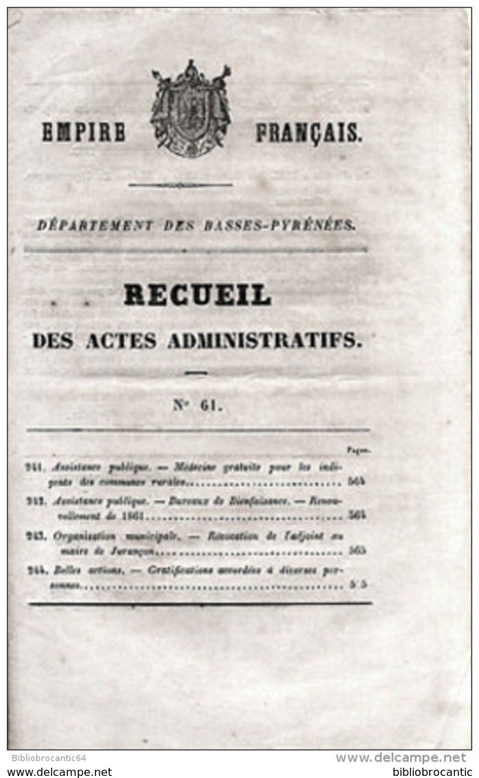 EMPIRE FRANCAIS DPT PYRENEES ATLANTIQUES < 2 Recueils Actes Administratifs < N°49+61 En 1860 - Gesetze & Erlasse
