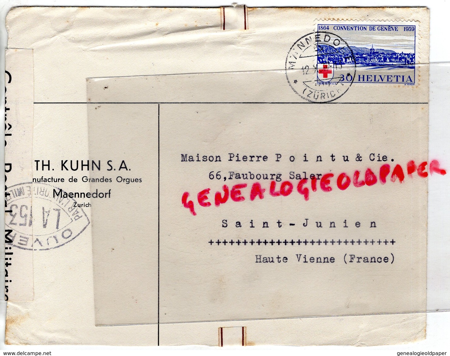 SUISSE - ZURICH- MAENNEDORF-ENVELOPPE TH. KUHN S.A.-MANUFACTURE ORGUES-PIERRE POINTU ST SAINT JUNIEN-GENEVE 1939 - Schweiz