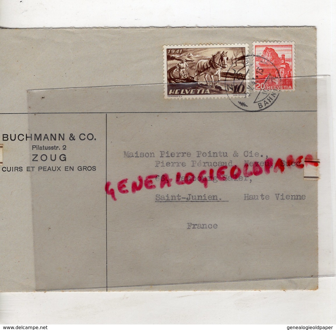 SUISSE - ZOUG- ENVELOPPE BUCHMANN & CO-CUIRS ET PEAUX-ZUG 1941-PIERRE PERUCAUD MEGISSERIE SAINT JUNIEN - Schweiz