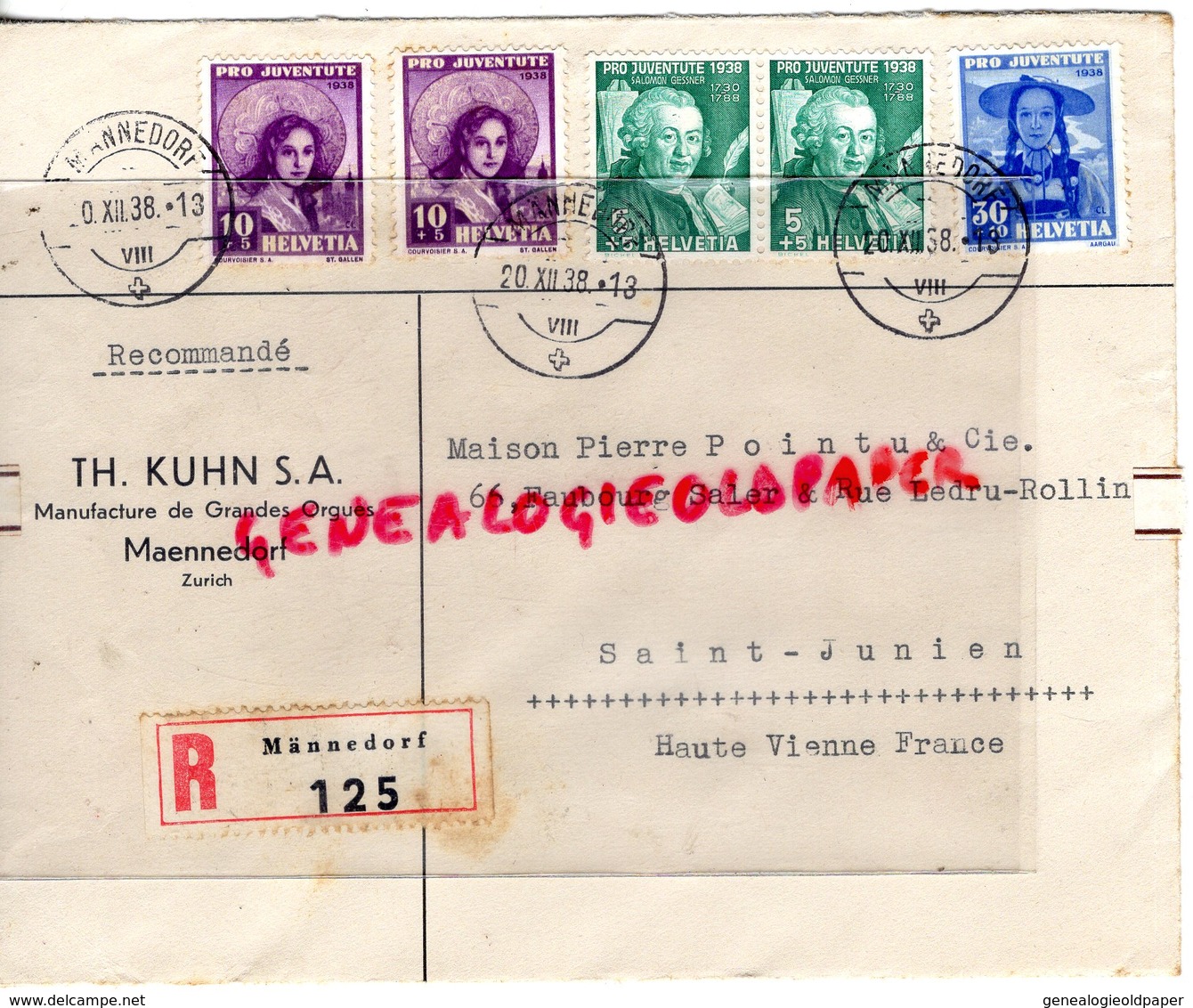 SUISSE - ZURICH- MAENNEDORF TH. KUHN- MANUFACTURE ORGUES- ENVELOPPE POINTU MEGISSERIE PEAUX- ST SAINT JUNIEN-1938 - Suisse