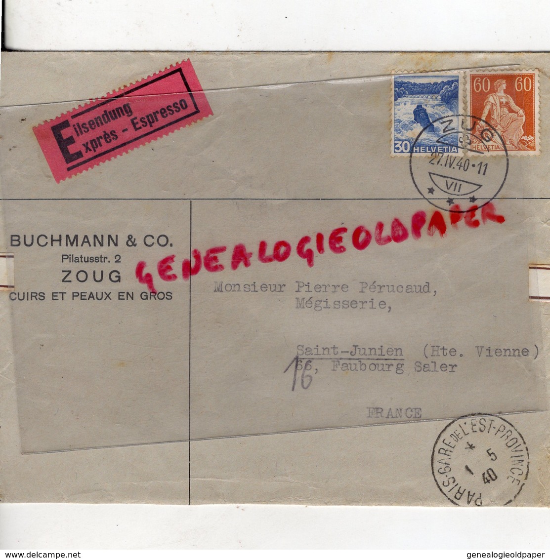 SUISSE - ZOUG- ENVELOPPE BUCHMANN & CO-CUIRS ET PEAUX-ZUG 1940-PIERRE PERUCAUD MEGISSERIE SAINT JUNIEN - Svizzera