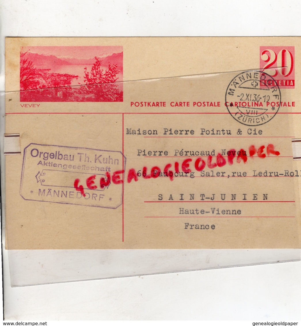 SUISSE - ZURICH-MANNEDORF-VEVEY LETTRE ORGELBAU TH. KUHN-AKTIENGESELFSCHAFT- PIERRE POINTU-PERUCAUD-SAINT JUNIEN-1936 - Suiza