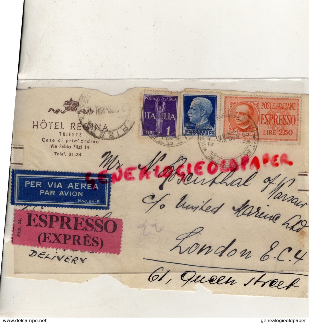 ITALIE-HOTEL REGINA TRIESTE  DEVANT LETTRE ROSENTHAL-UNITED MARINE 61 QUEEN STREET- LONDON -AIR MAIL - Italie