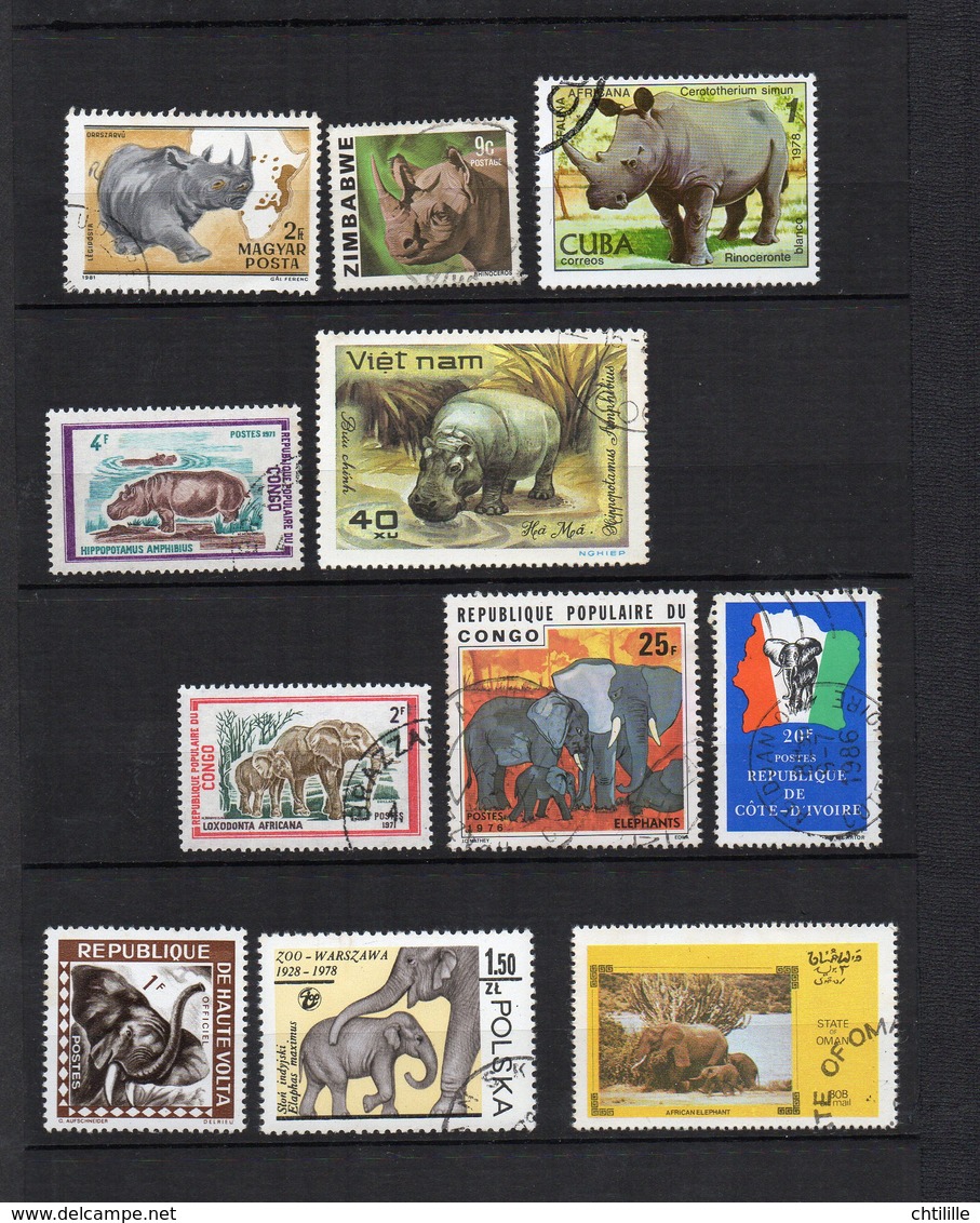 DT176F ANIMAUX AFRIQUE LOT 11 TIMBRES MONDE MAMMIFERES ELEPHANT RHINOCEROS HIPPOPOTAME - Elefantes