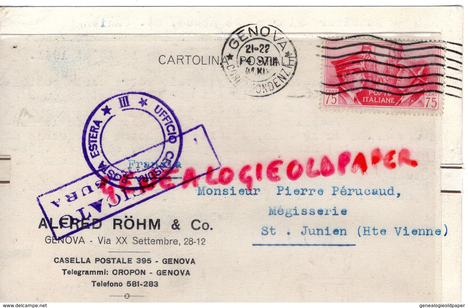 ITALIE- CARTE GENOVA-TIMBLE HITLER MUSSOLINI-1941-ALFRED ROHM-VIA XX SETTEMBRE -PIERRE PERUCAUD SAINT JUNIEN MEGISSERIE - Italia
