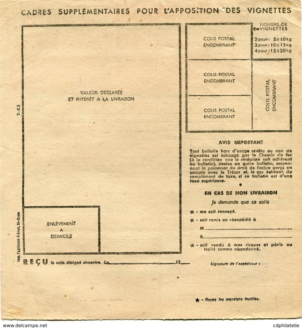 FRANCE BULLETIN D'EXPEDITION D'UN COLIS POSTAL AVEC OBLITERATION  RIEUPEYROUX 18-11-43 AVEYRON