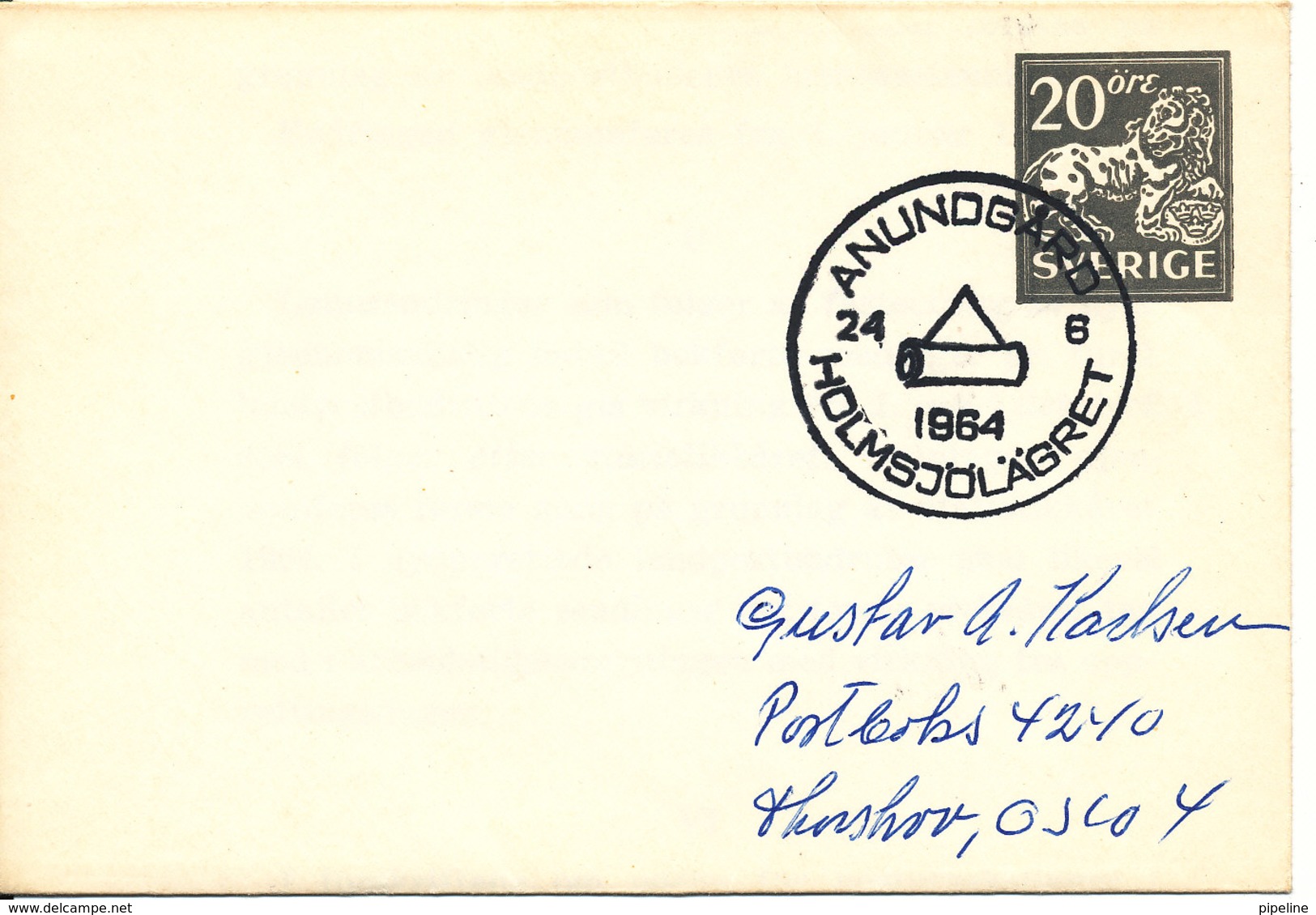 Sweden Small Postal Stationery Cover With Special Postmark Holmsjölägret Anundgard 24-6-1964 - Postal Stationery
