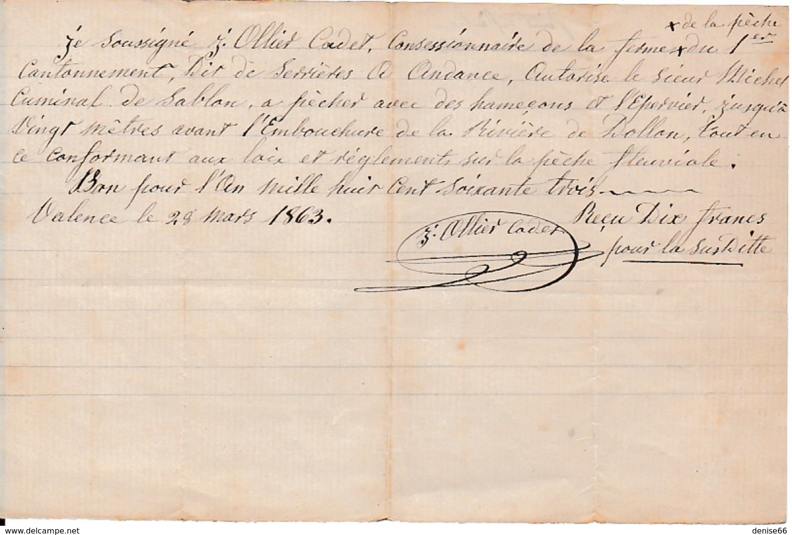 1863 - ANDANCE (07) L.A.S J.OLLIET Cadet - Autorisation à PÊCHER Avec Des Hameçons Et L'Epervier Jusqu'à 20 M - Documents Historiques