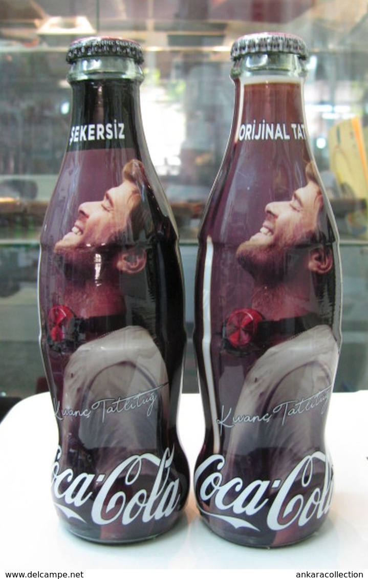 AC - COCA COLA KIVANC TATLITUG - TURKISH MOVIE STAR  SUGARLESS & ORIGINAL TASTE SHRINK WRAPPED 2 EMPTY GLASS BOTTLES & C - Bouteilles