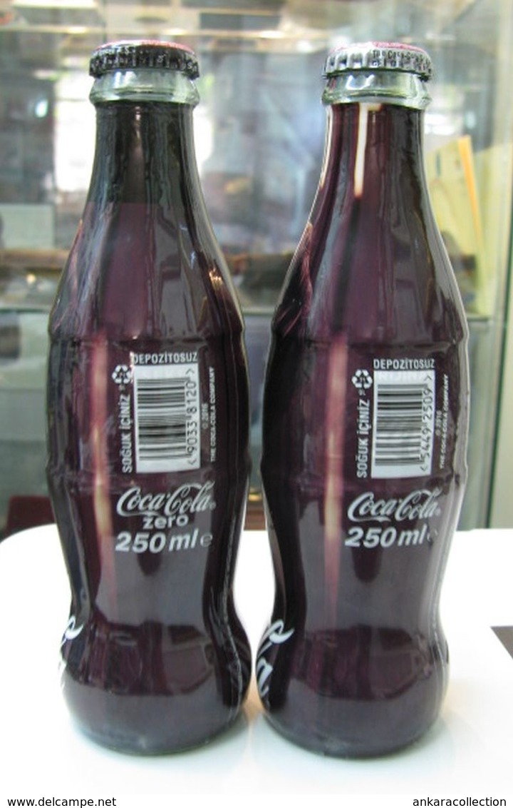 AC - COCA COLA KIVANC TATLITUG - TURKISH MOVIE STAR  SUGARLESS & ORIGINAL TASTE SHRINK WRAPPED 2 EMPTY GLASS BOTTLES & C - Bottiglie