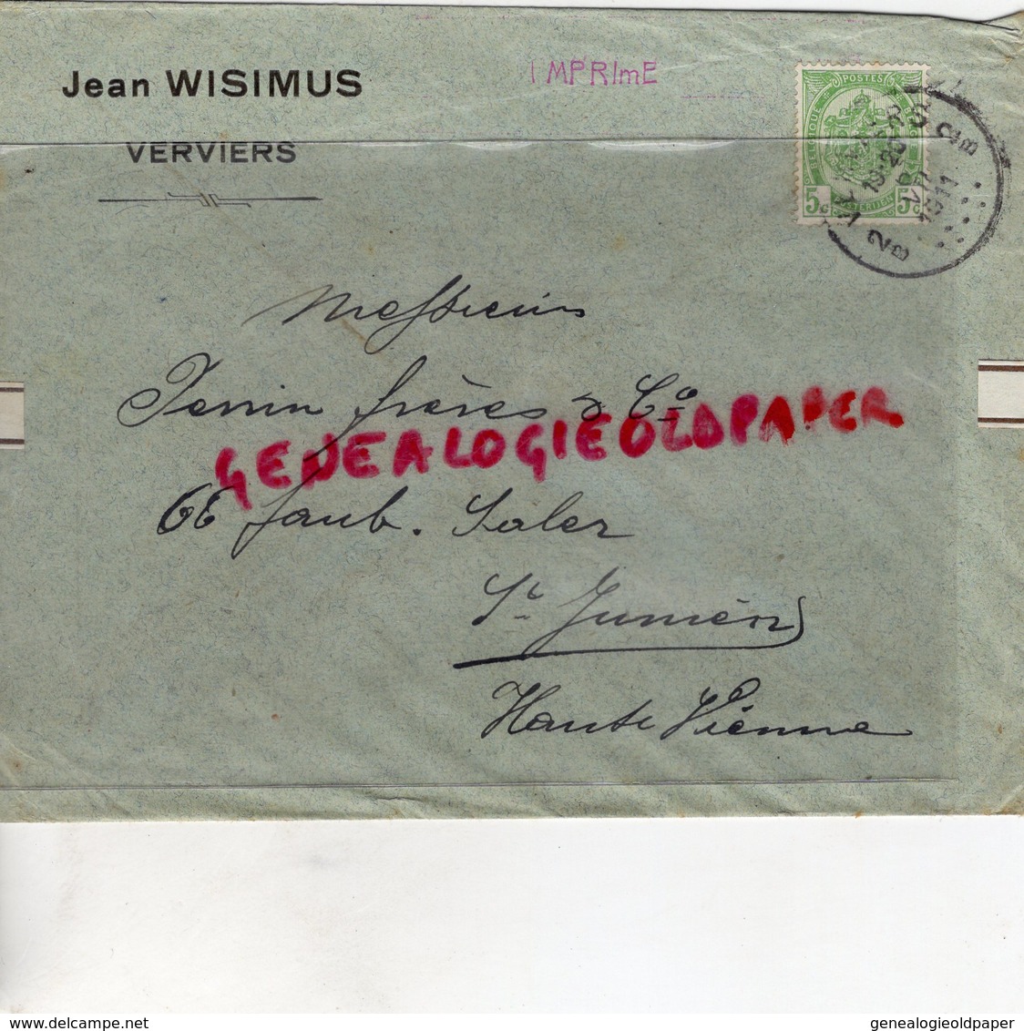 BELGIQUE- VERVIERS- ENVELOPPE JEAN WISIMUS- MEGISSERIE PERRIN FRERES 66 FG. SALER- SAINT JUNIEN-1911 - Petits Métiers