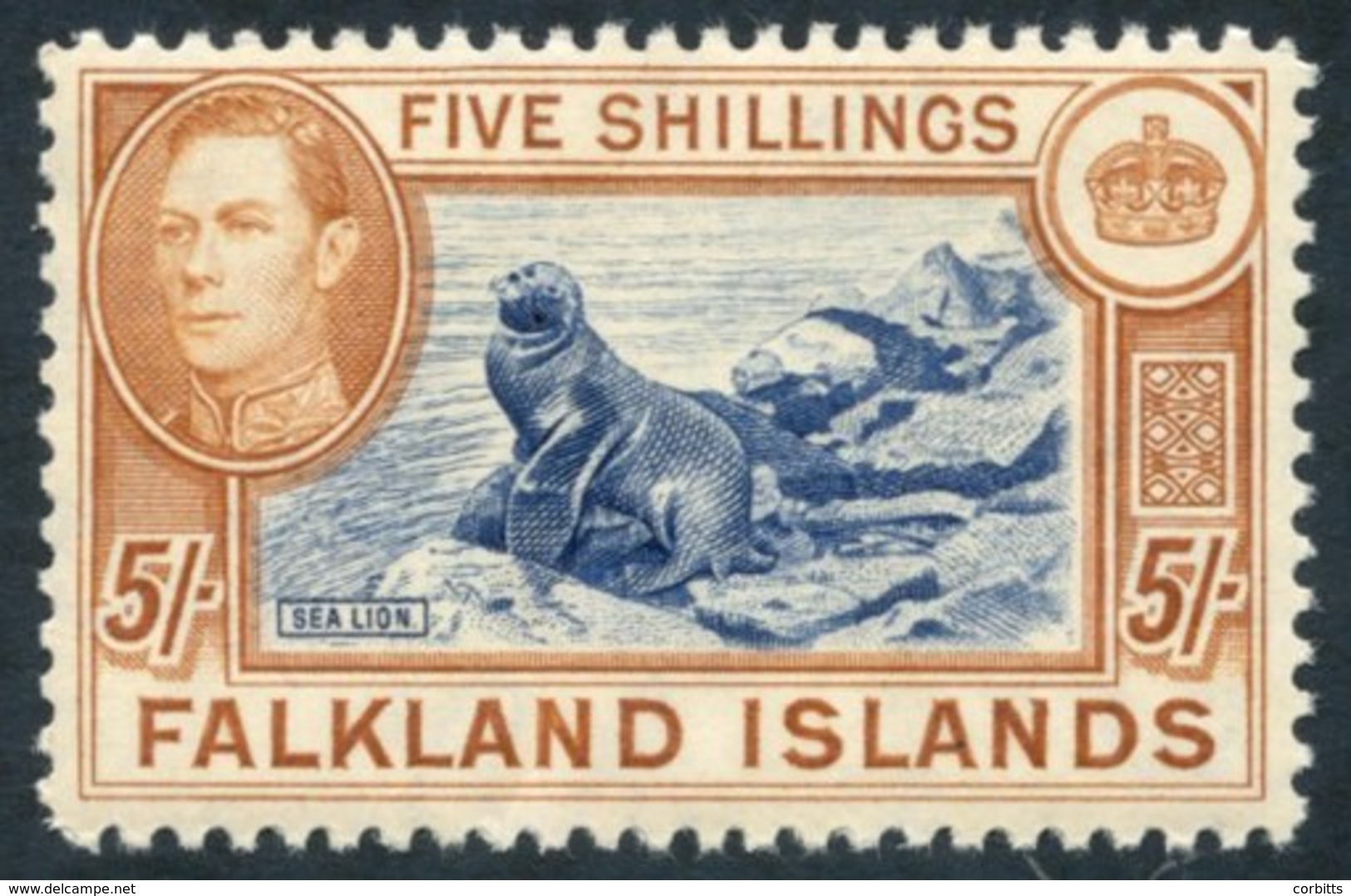 FALKLAND ISLANDS 1938-50 5s Indigo & Pale Yellow-brown UM (lightly Toned Gum), SG.161a, Murray Payne Cert. Accompanies.  - Other & Unclassified