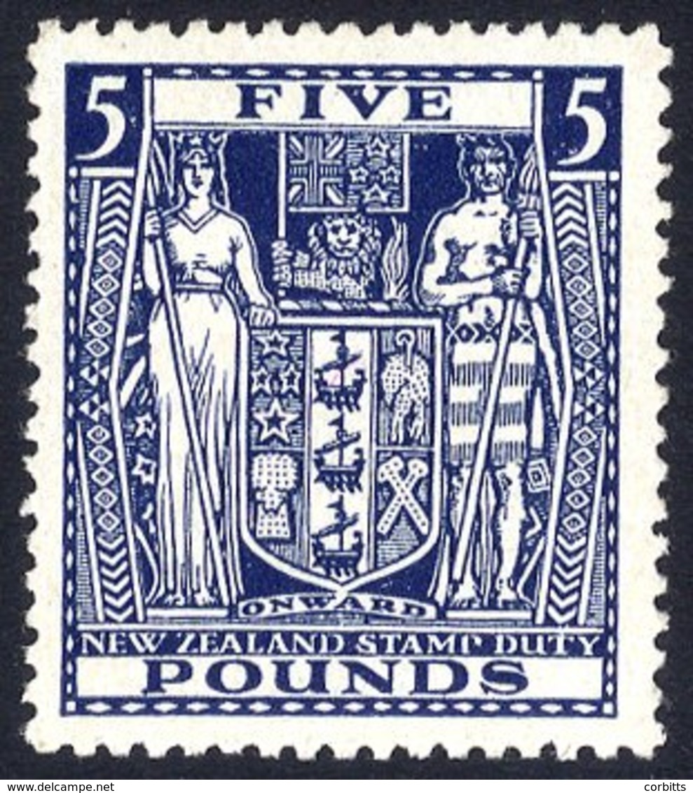 NEW ZEALAND 1950 Arms £5 Indigo Blue, Wmk Inverted UM (toned Gun), SG.F211w. (1) Cat. £400 - Other & Unclassified