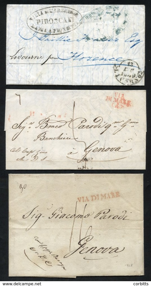 MEDITERRANEAN MAIL 1828-40 Two EL's From Tunis To Genoa By Named Captains With S/line Or Three Line VIA DI MARE Marks, T - Altri & Non Classificati