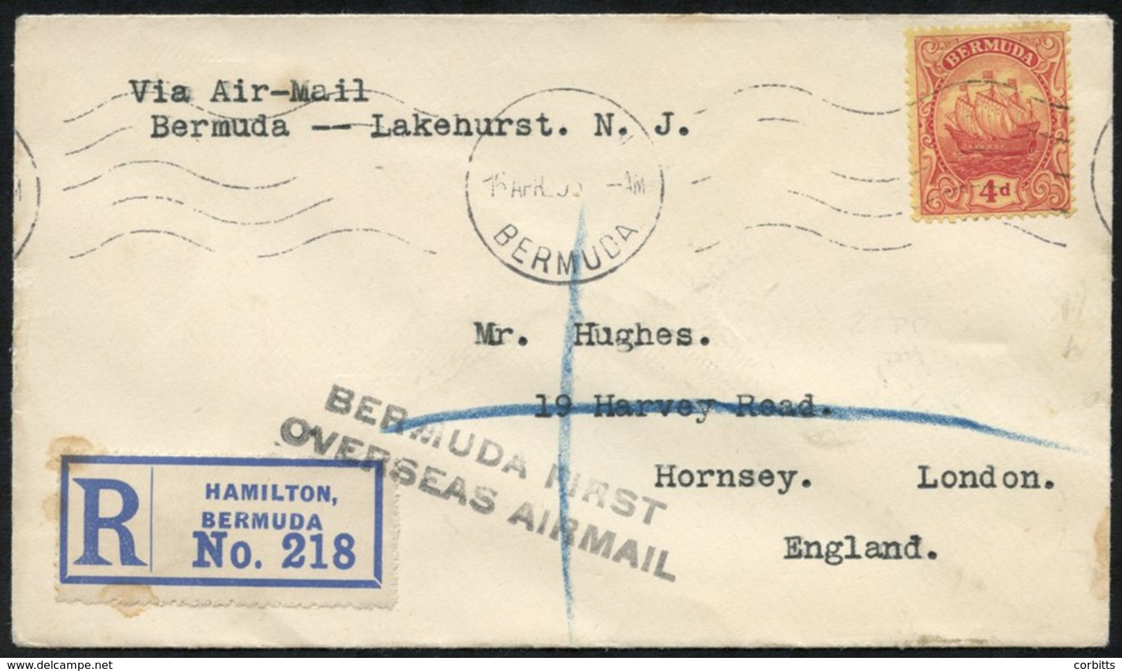 1925 Registered Envelope To England With 4d Cancelled Hamilton 16.AP.25, New York 4.24.1925 Arrival Cancels On Back. BER - Other & Unclassified