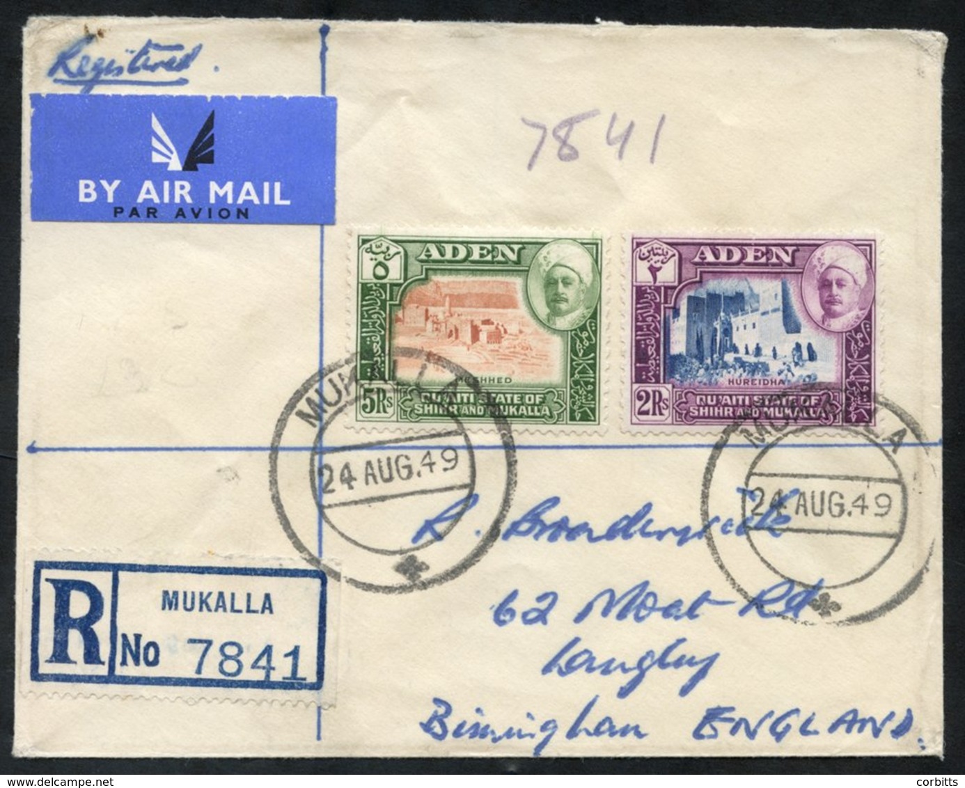 SHIHR & MUKALLA 1949 Reg Mukalla Airmail Cover To England Franked 2r & 5r, Tied Mukalla Double Ring C.d.s.'s. - Autres & Non Classés