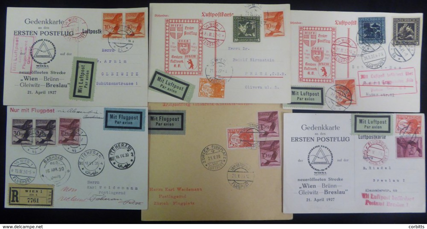 1927-30 First Flight Covers (6) Incl. 1927 OLAG/CSA/LUFTHANSA Vienna - Berlin Official Oflag Card, Another For Vienna -  - Autres & Non Classés