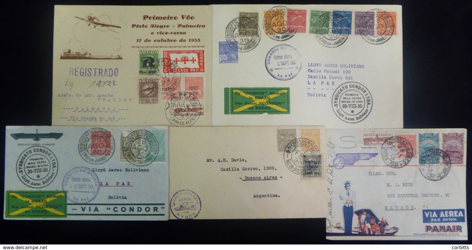 1930-33 First Flight Covers (5) Incl. 1930 NYRBA Rio De Janeiro - Buenos Aires, 1930 LAB Rio - La Paz With Cachet, Anoth - Other & Unclassified