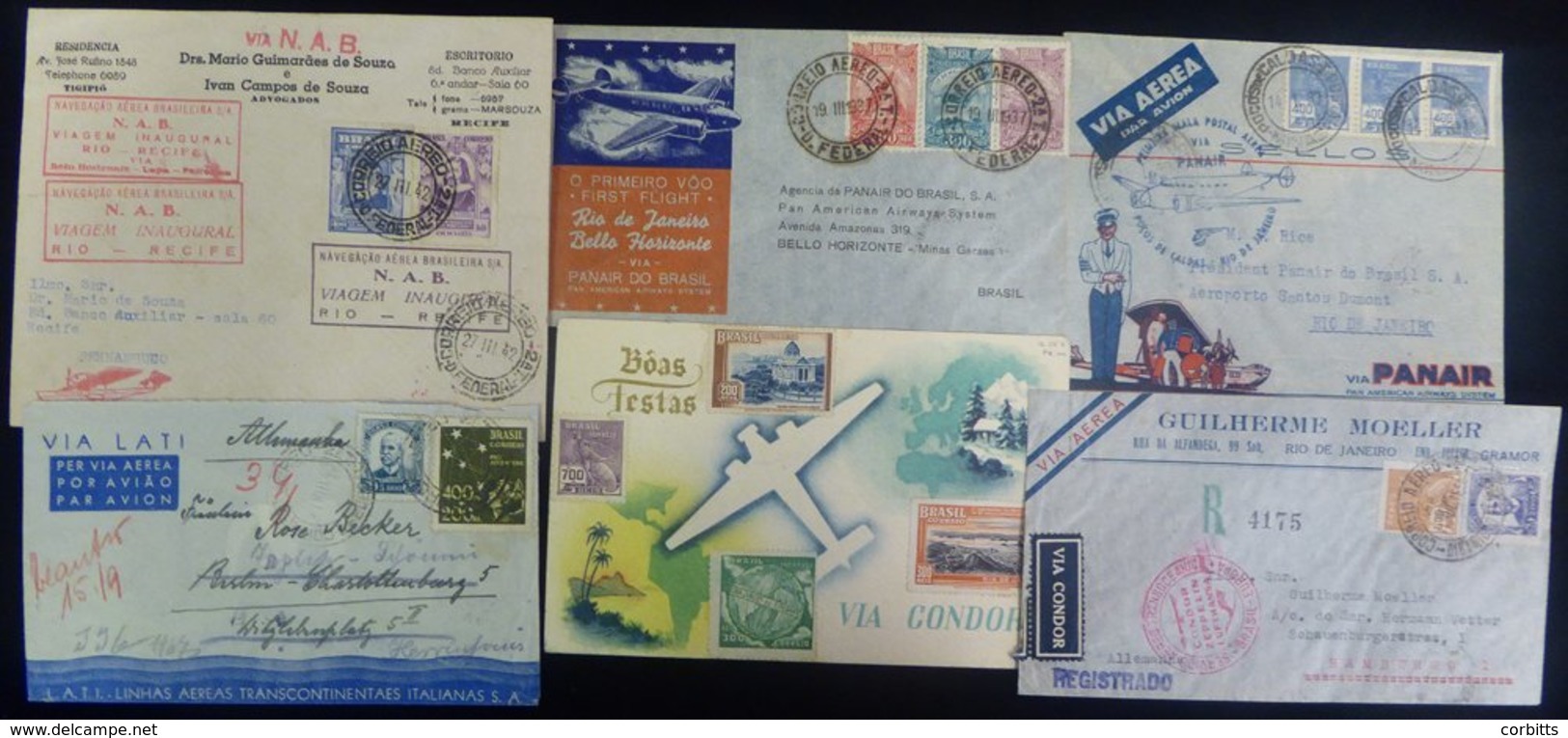 1934-42 First Flight Covers (6) Incl. 1937 Condor Xmas/New Year Card Joinville - Berlin, 1939 Pan Air Pocos De Caldas -  - Altri & Non Classificati