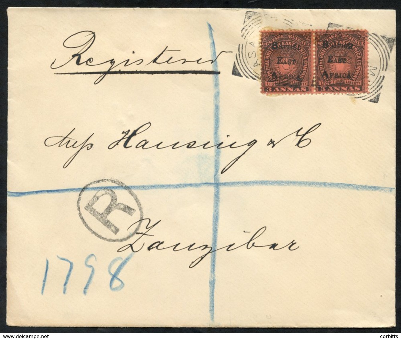 1895 Registered Cover To Zanzibar, Franked B.E.A 3a Black/dull Red (pair), Tied Mombasa Squared Circles, Reverse Receivi - Autres & Non Classés