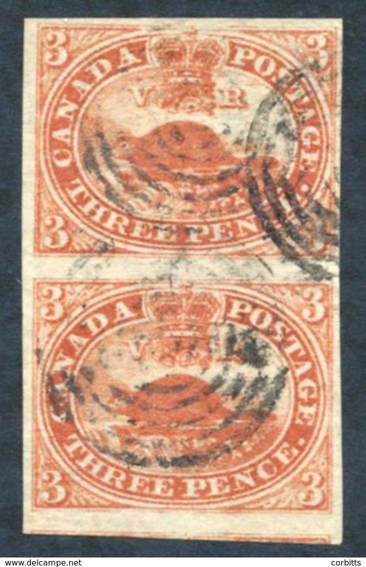 1852-57 3d Vertical Pair With Good To Huge Margins, Light Diagonal Crease On Top Stamp Otherwise Fine With Target Cancel - Other & Unclassified