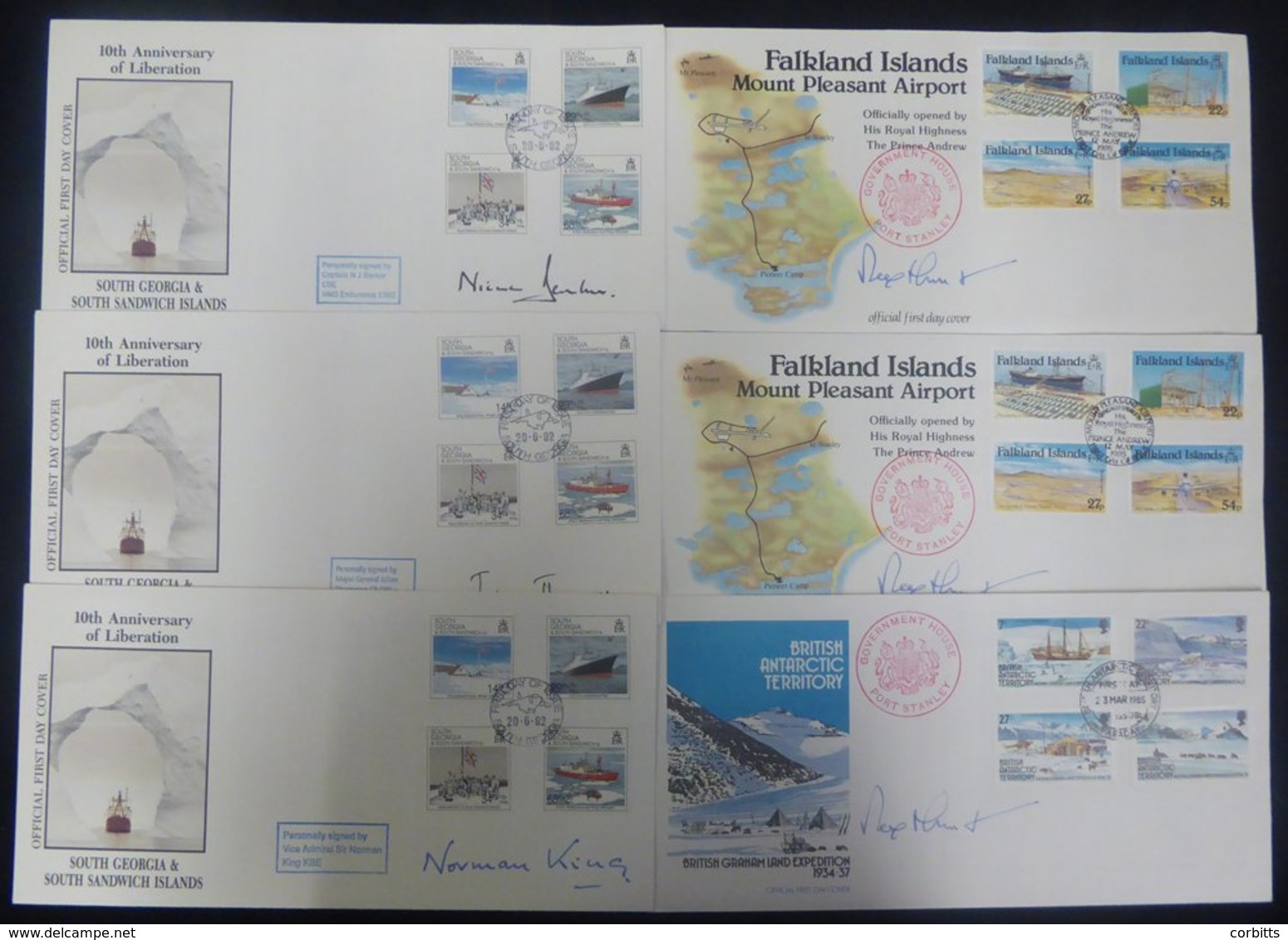 SOUTH GEORGIA 1992 10th Anniv Of Liberation Illustrated FDC's (7) Bearing Set Each Signed Incl. Rex Hunt (Governor), Lor - Altri & Non Classificati