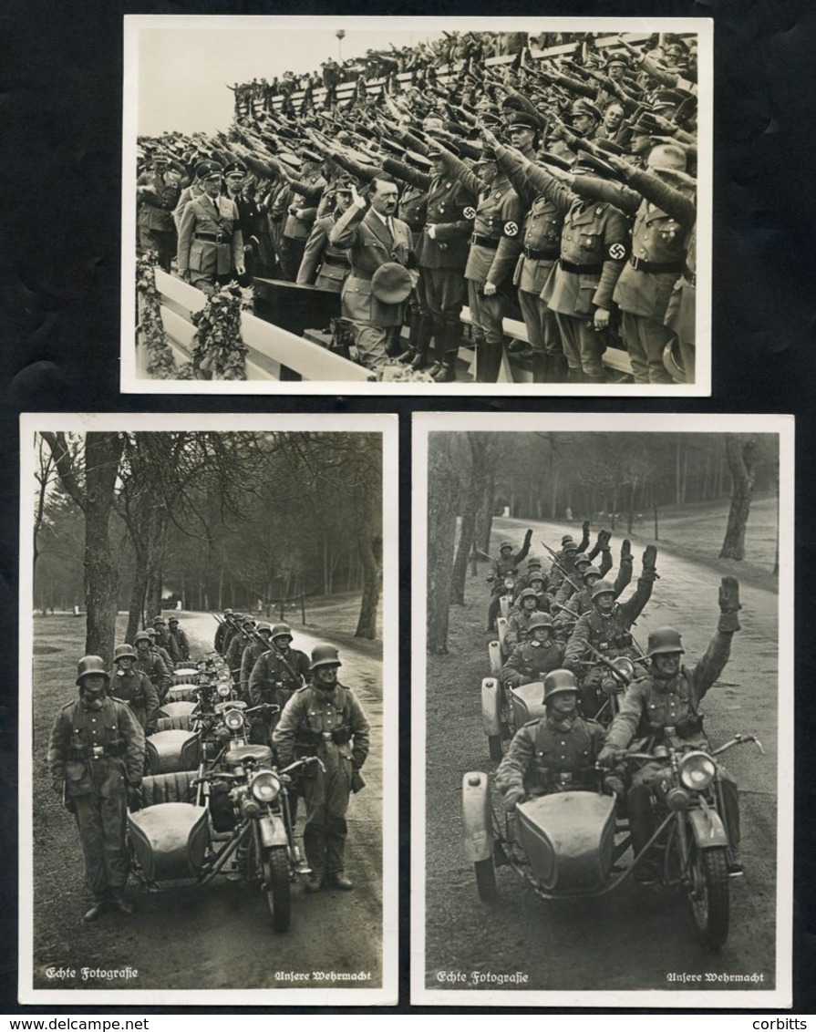 1930's Photographic Propaganda Cards - Hitler Being Saluted At Nuremburg, German Troop Standing Next To Motorbikes With  - Altri & Non Classificati