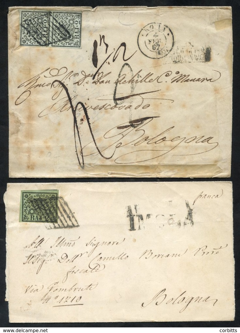 PAPAL 1857-67 Two Covers Imola, Rome To Bologna, Franked 2b Four Margins, Another Franked 2b Vertical Four Margined Pair - Altri & Non Classificati