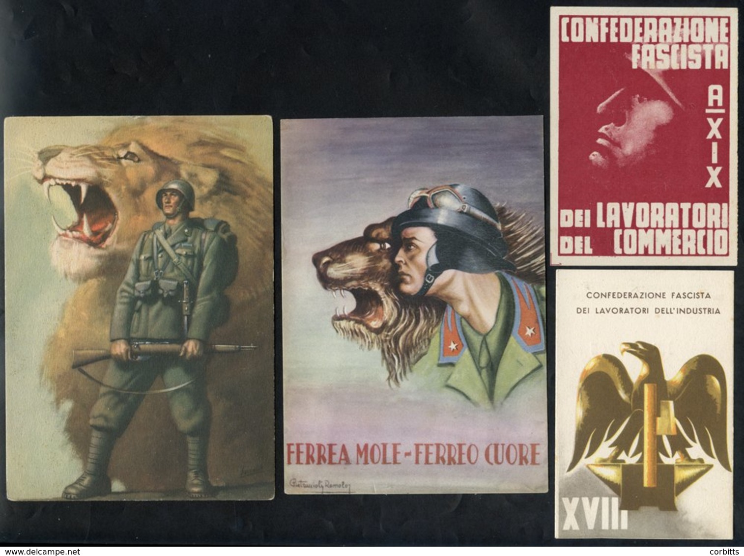 1930's-40's Colourful Propaganda Cards (2) Depicting A Soldier With Lion Background, Also 1940's Fascist Membership Card - Altri & Non Classificati