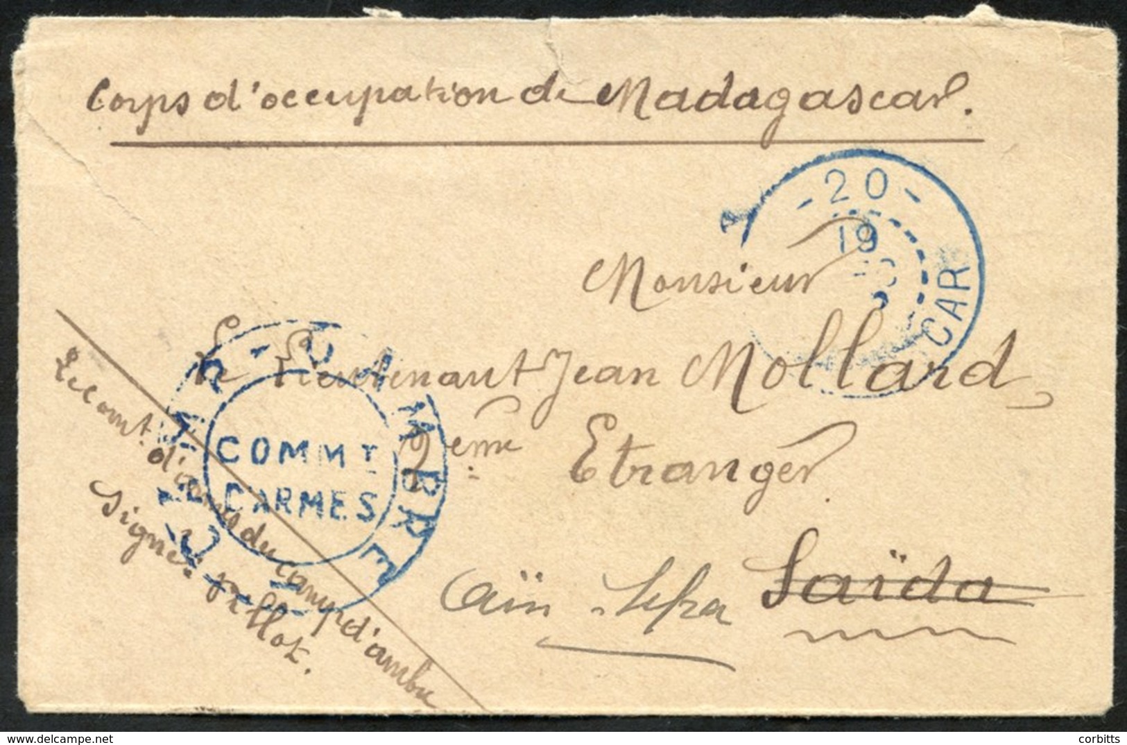 1903 Small Stampless Envelope To Saida Headed In M/s 'Corps D'Occupation De Madagascar' & Signed By Officer, Obverse Has - Altri & Non Classificati