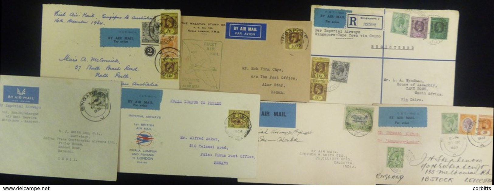 1933-38 First Flight Covers (7) Incl. 1933 First Acceptance For KLM Service Singapore - Alor Star 10.5.33 With Green Cac - Altri & Non Classificati