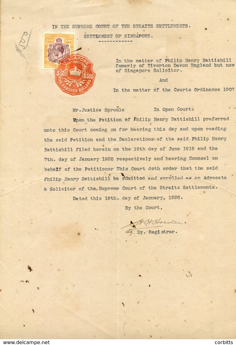 1920 Supreme Court Document Bearing 1912-23 $500 Purple & Orange-brown (SG.215) M/Sheet & Embossed Red H/stamp. Rare Fra - Altri & Non Classificati