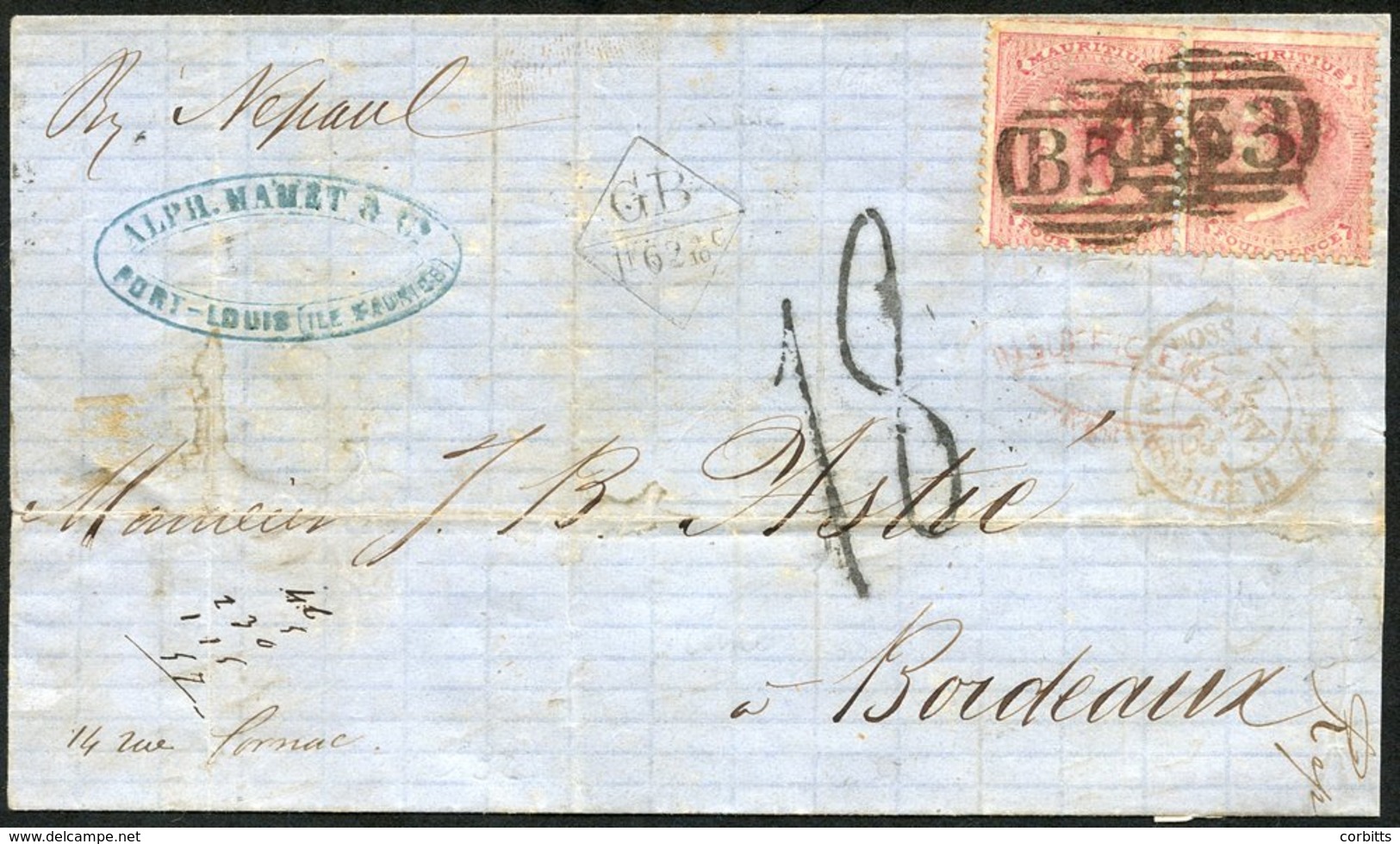 1862 Part Envelope Written From Port Louis Addressed To Bordeaux, Bearing 4d Rose Pair (SG.62), Tied By B53 Obliterator  - Altri & Non Classificati