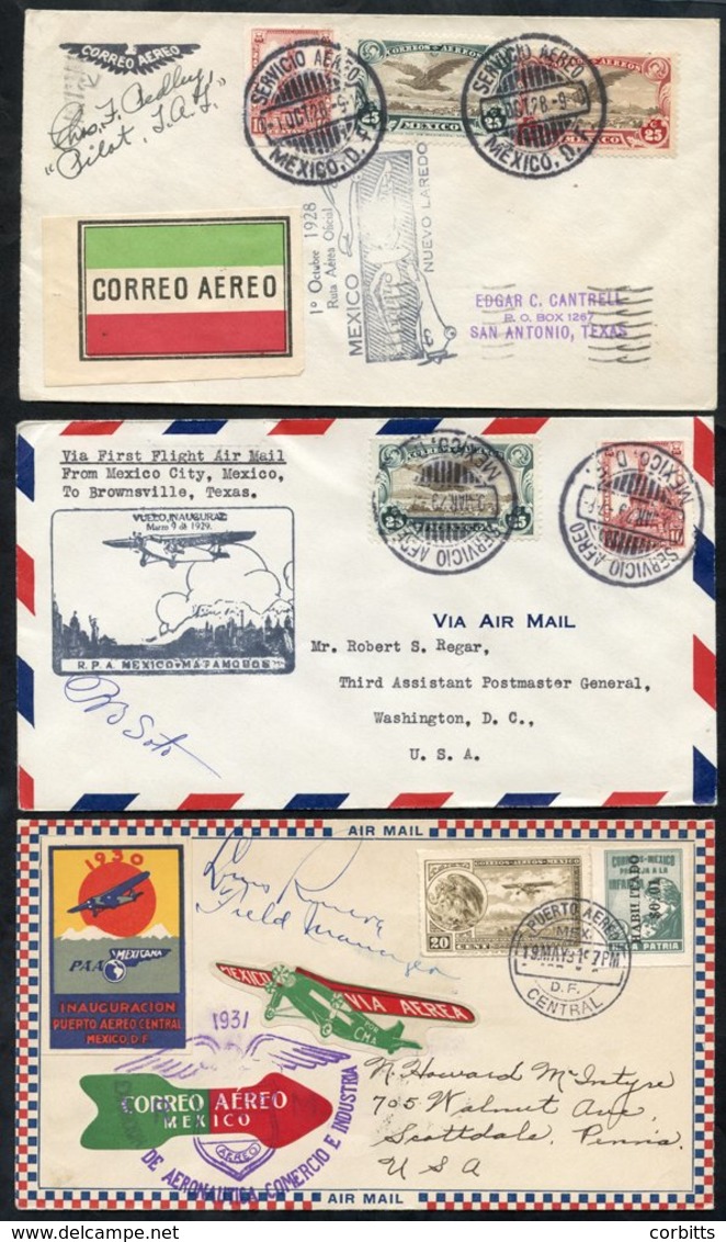 1928-31 First Flight Covers (3) Incl. 1928 Oct 1st Mexico City - New Laredo With Cachet & Pilot Signed Charles Pedley, S - Altri & Non Classificati