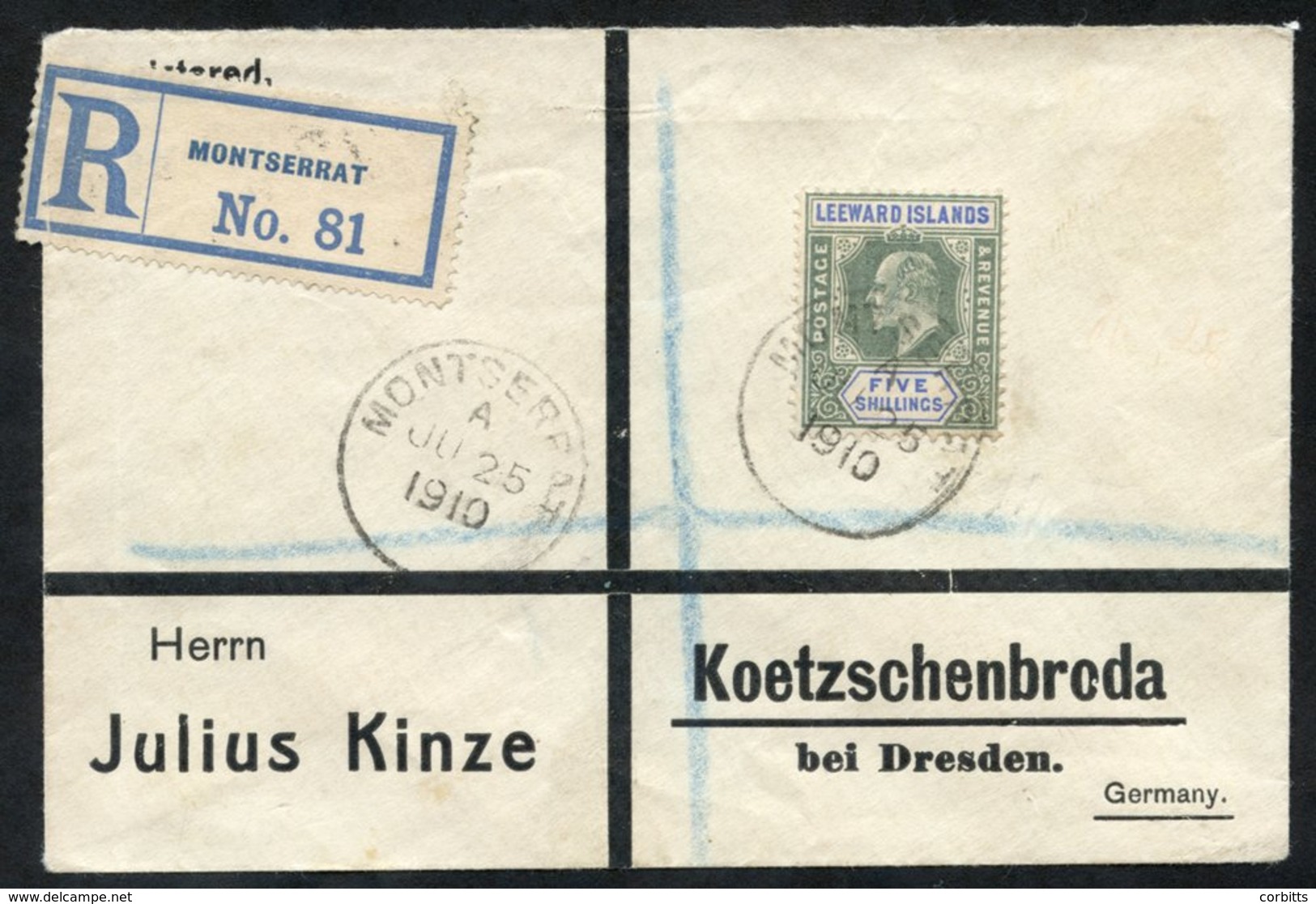 1910 Registered Cover To Dresden, Germany, Franked Leewards KEVII 5s, Tied Montserrat/A/Ju 25/1910' C.d.s, Reverse Londo - Altri & Non Classificati