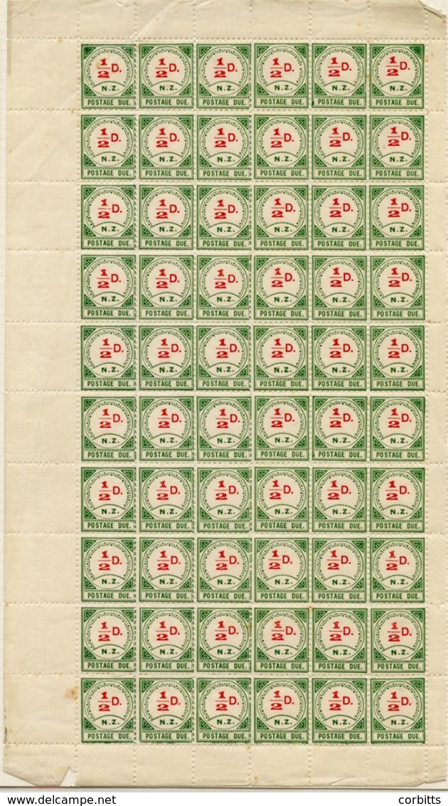 1899 Postage Due ½d Carmine & Green Large 'D' A Complete Left Side Pane Of 60 UM (approx 6 Stamps With Tone Spots), SG.D - Other & Unclassified