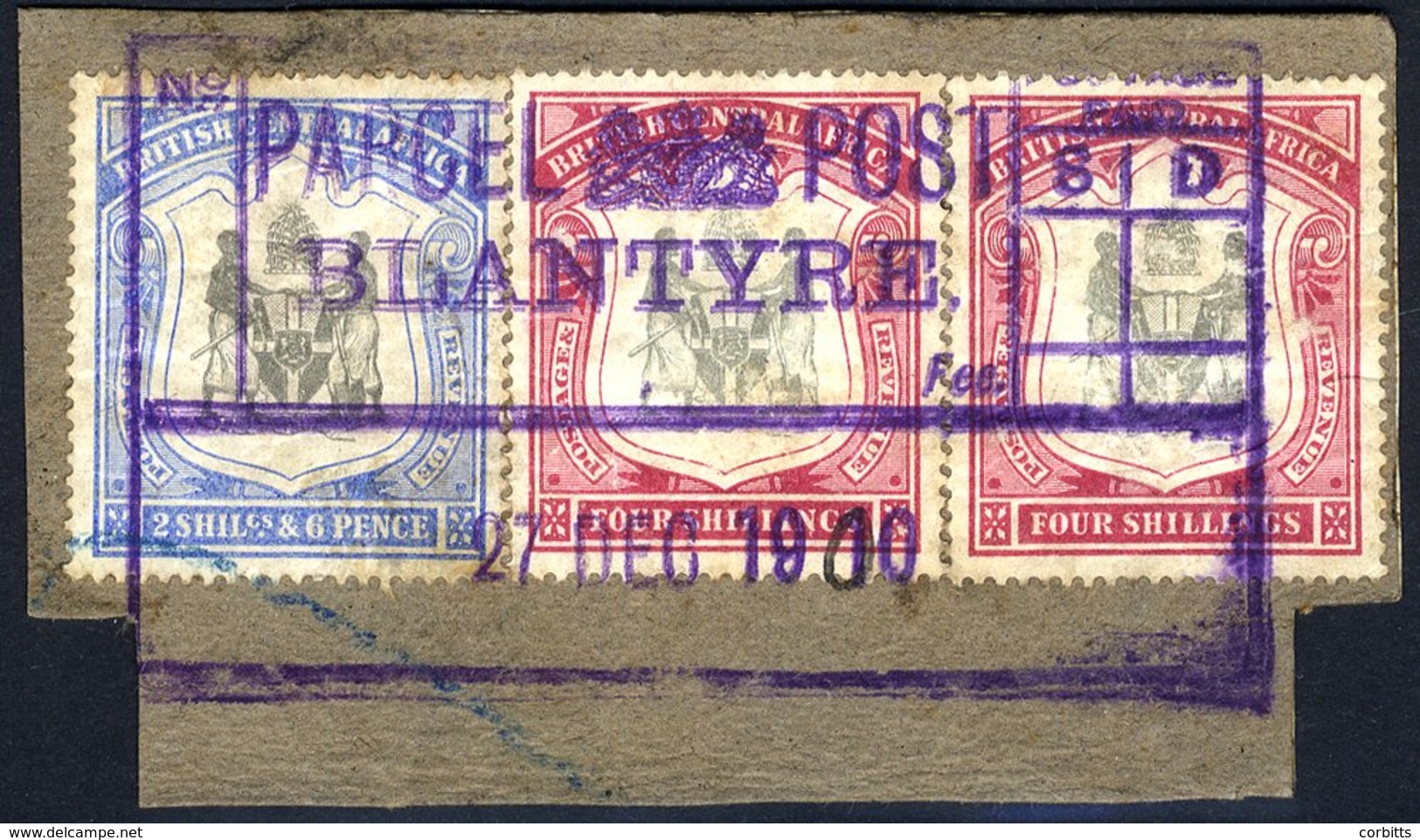 B.C.A 1897-1900 2/6d & 4s (2) Together On A Piece, Tied By 'PARCEL POST/BLANTYRE/27 DEC 1910' Boxed Cancel, SG.48 & 53,  - Altri & Non Classificati